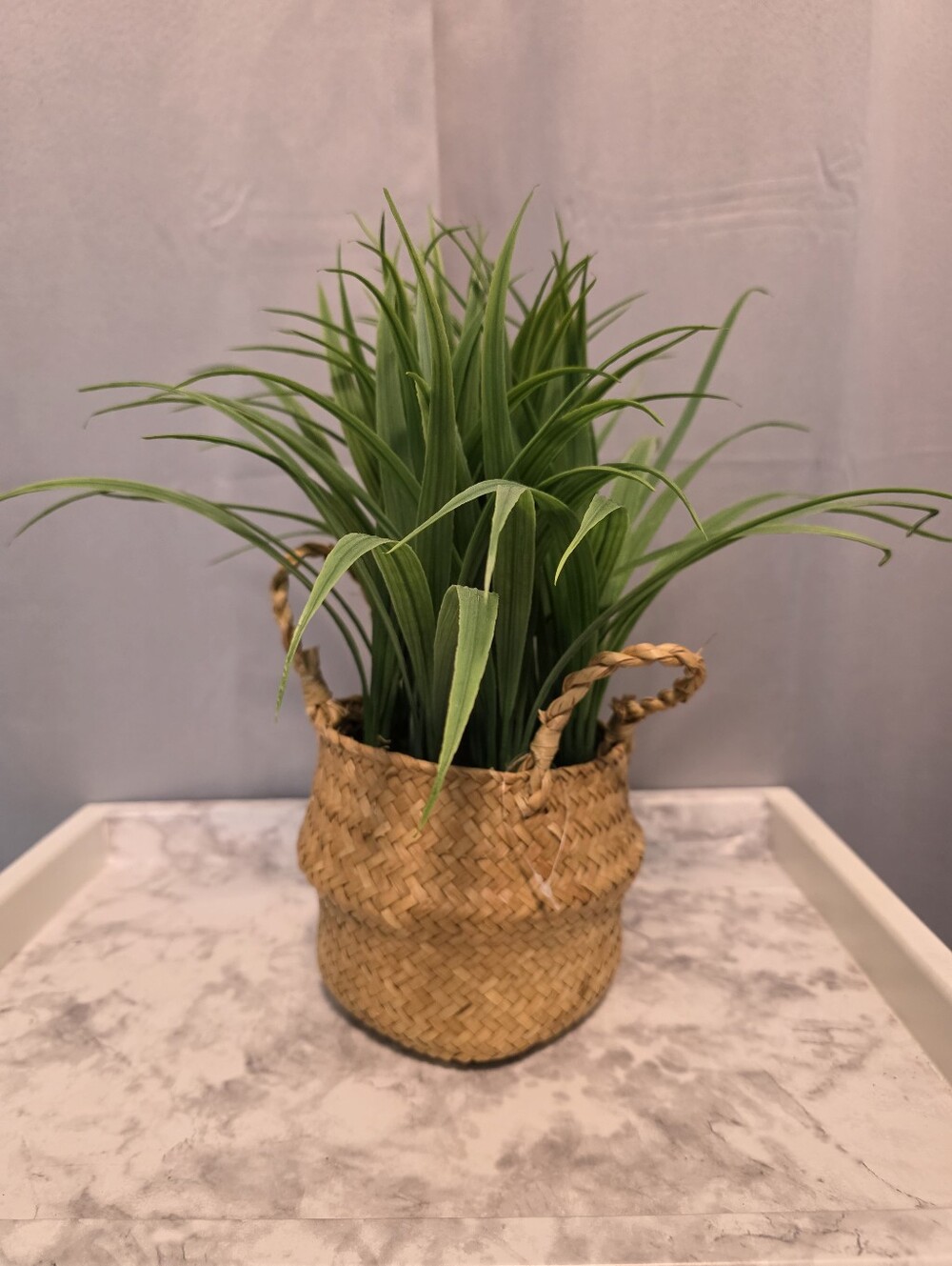 Woven Seagrass Basket Planter with Green Faux Grass